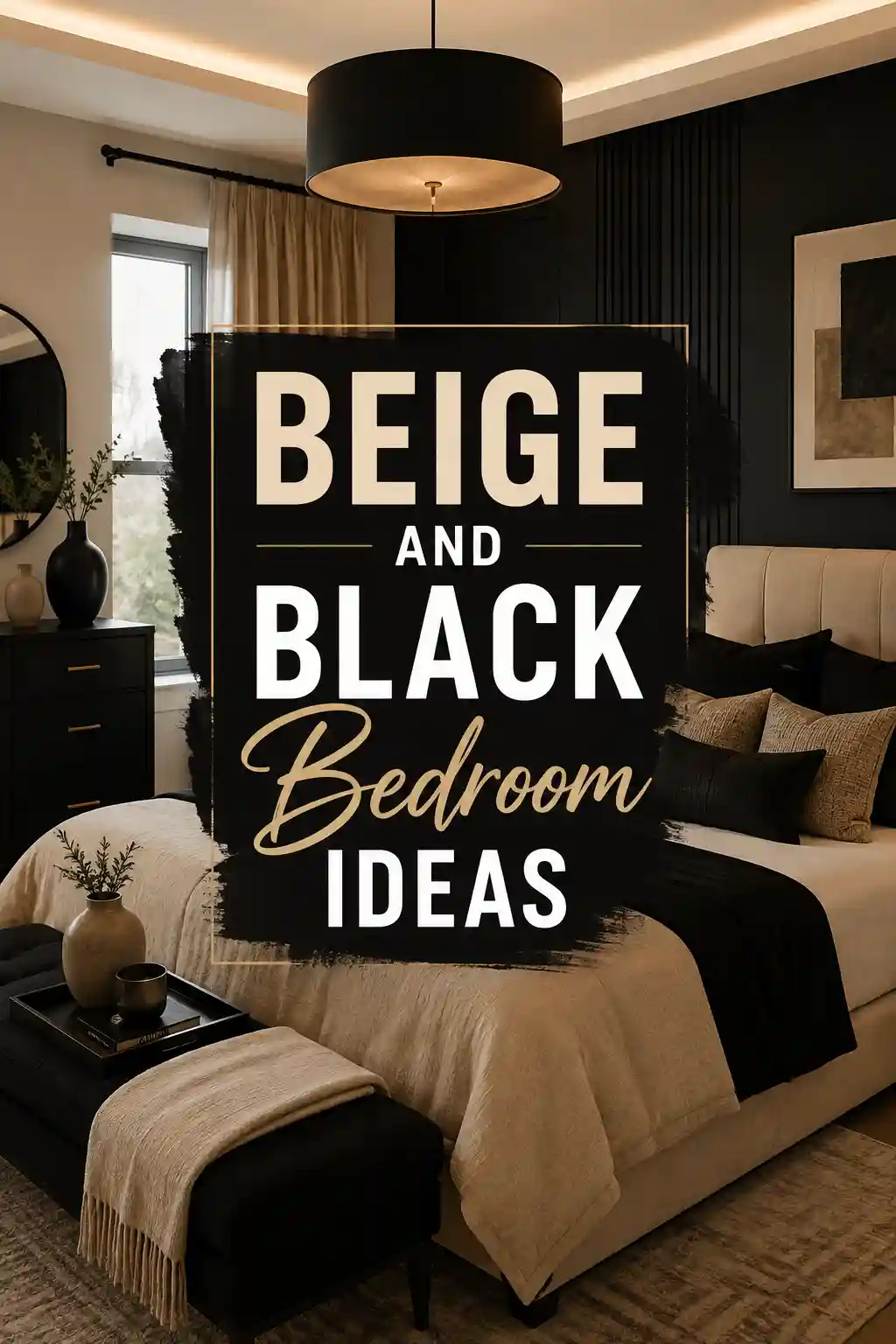 A modern bedroom with beige and black decor, featuring a beige bed, black bedding, pillows, a black dresser, plants, and a round mirror. Text overlay reads: Beige and Black Bedroom Ideas..