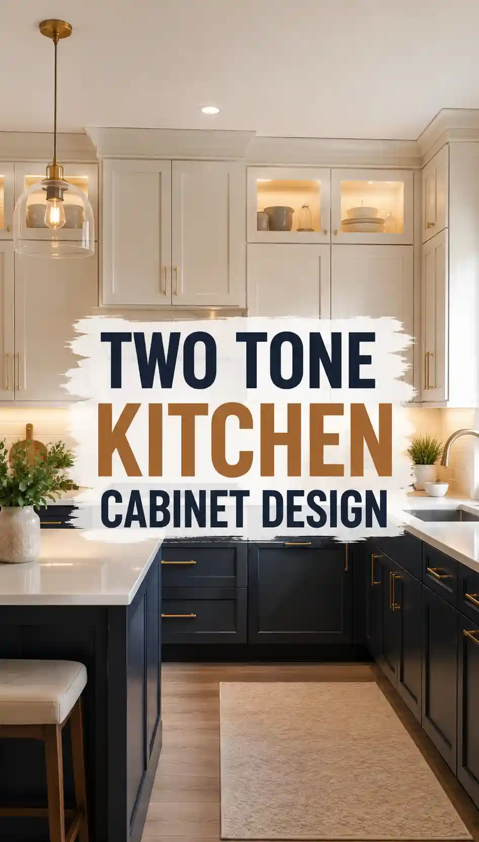 Modern kitchen with white upper cabinets, dark lower cabinets, gold hardware, white countertops, and pendant lighting. Text reads: Two Tone Kitchen Cabinet Design..