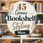 White bookshelves with books, plants, and decor. Text over image reads: 45 Genius Bookshelf Styling Ideas. A cozy armchair and pillows are visible at the bottom. Warm lighting creates a welcoming atmosphere.
