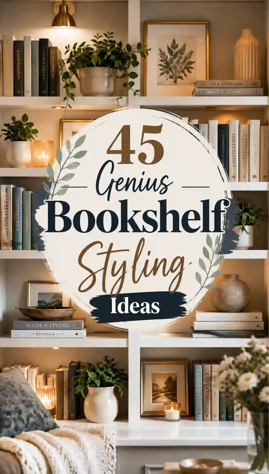 White bookshelves with books, plants, and decor. Text over image reads: 45 Genius Bookshelf Styling Ideas. A cozy armchair and pillows are visible at the bottom. Warm lighting creates a welcoming atmosphere.