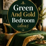 Luxurious bedroom decorated in green and gold with elegant bedding, pillows, and curtains; floral artwork and fresh flowers accent the sophisticated design. Text overlay: Green and Gold Bedroom ideas..