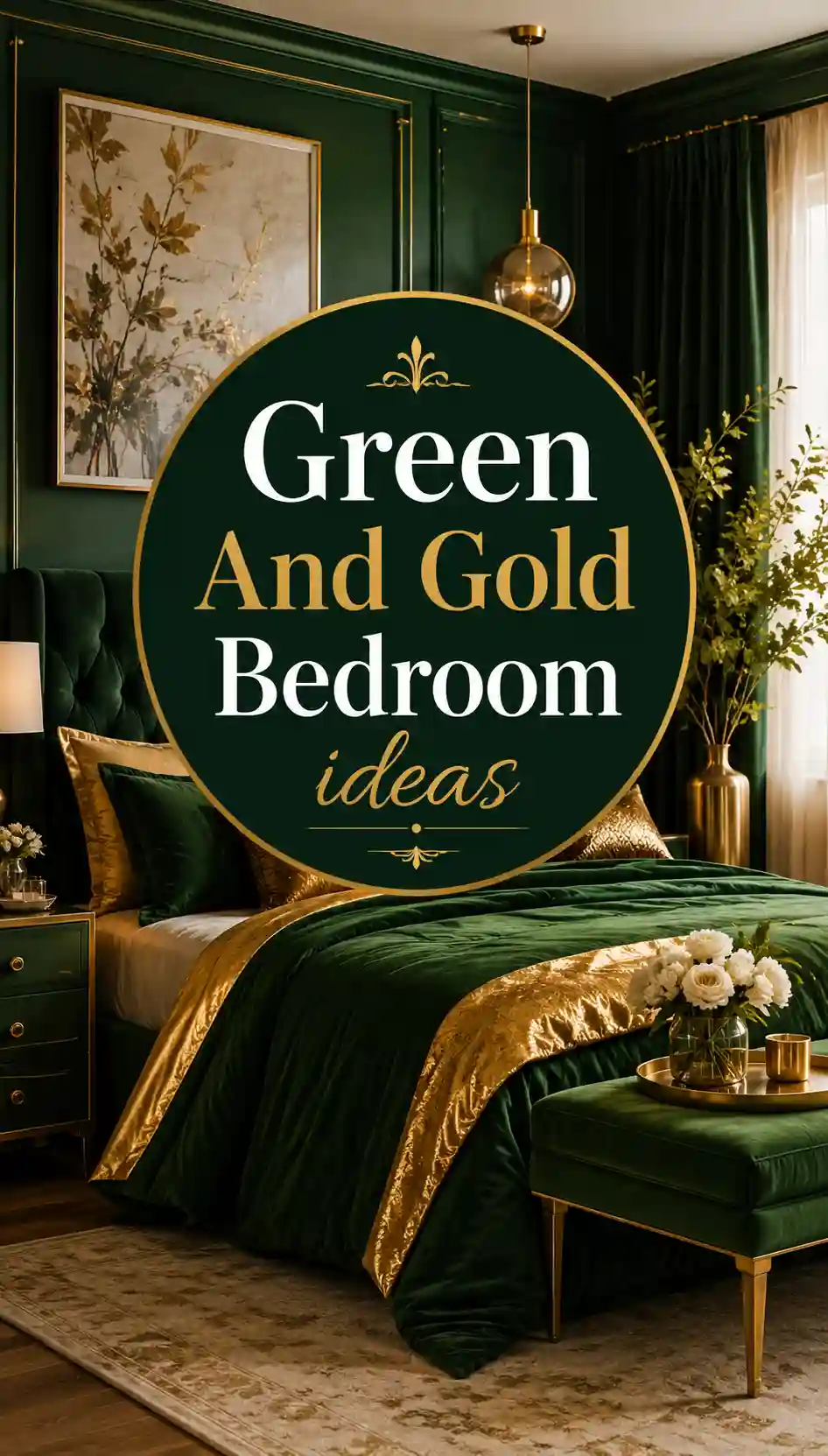 Luxurious bedroom decorated in green and gold with elegant bedding, pillows, and curtains; floral artwork and fresh flowers accent the sophisticated design. Text overlay: Green and Gold Bedroom ideas..