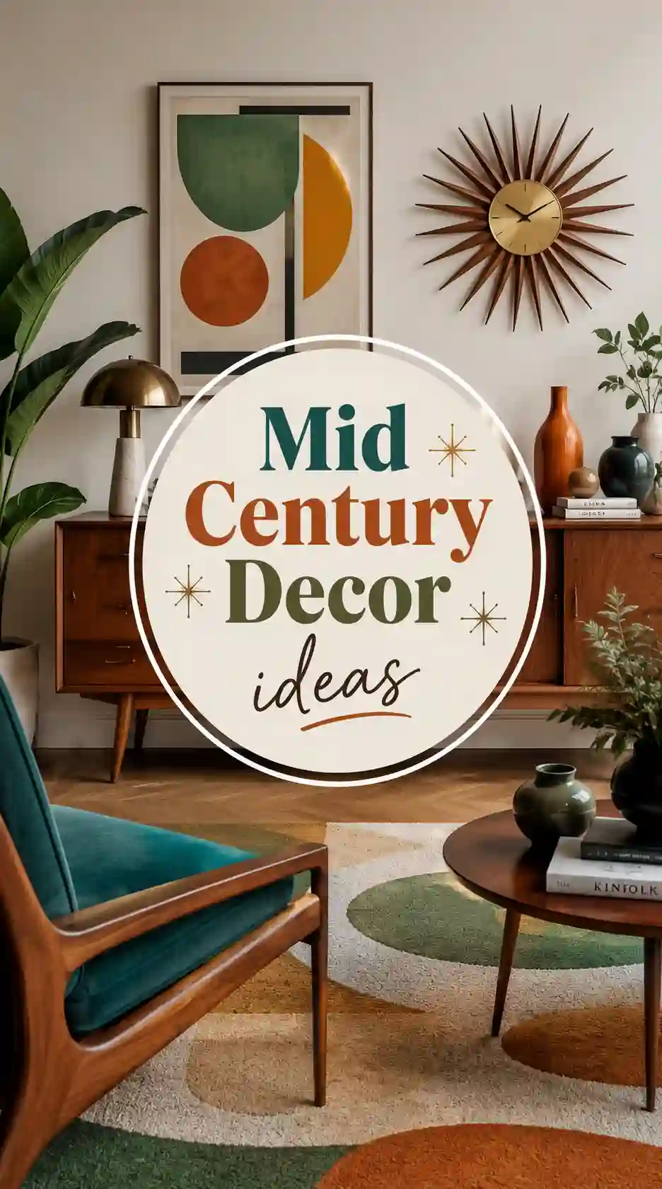 A stylish living room with mid-century modern furniture, geometric art, a sunburst clock, retro decor, plants, and a rug. Text overlay reads: Mid Century Decor ideas..