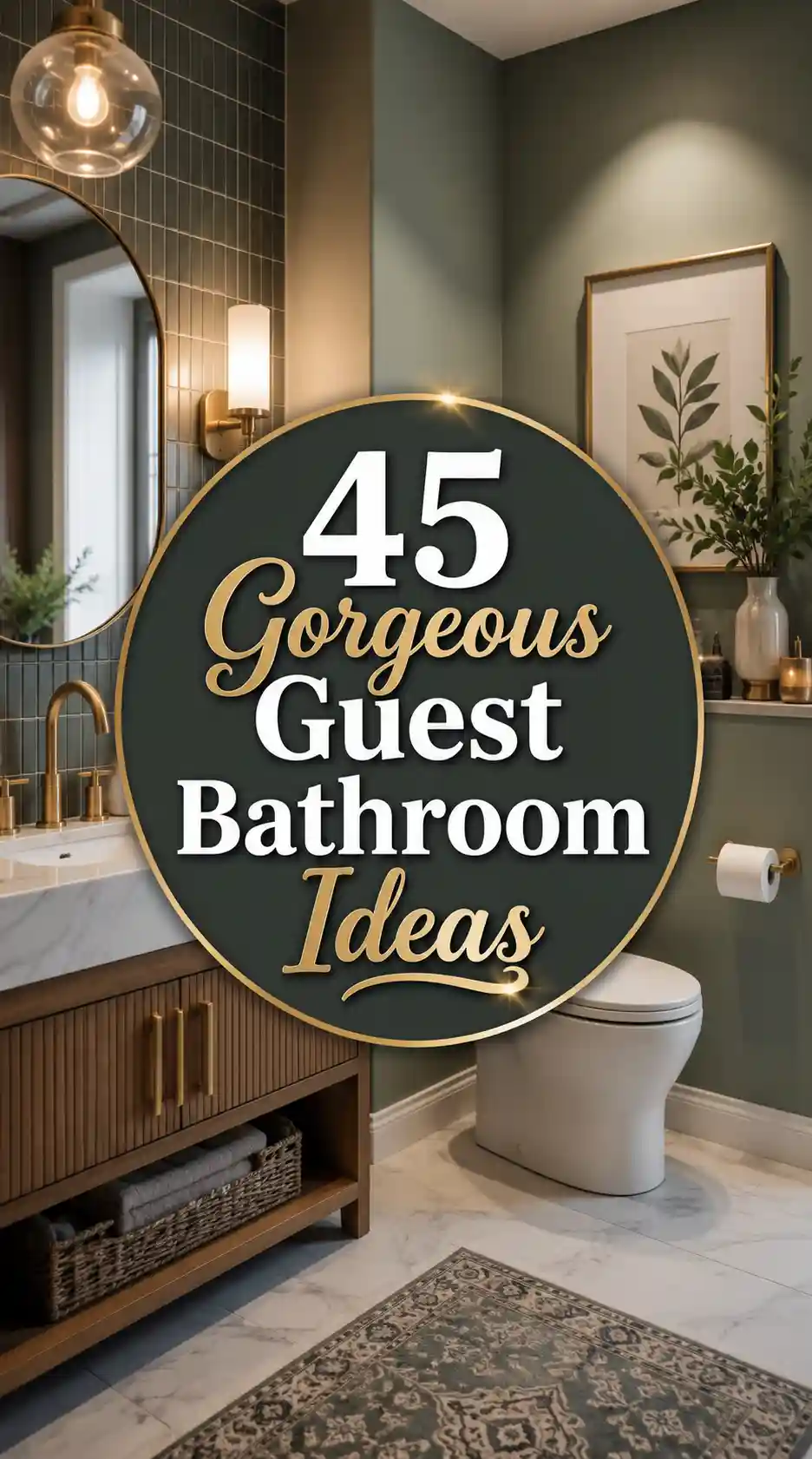 A modern guest bathroom with a round mirror, white sink, gold fixtures, toilet, potted plants, and green walls. Text overlay reads: 45 Gorgeous Guest Bathroom Ideas..